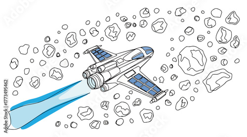 Futuristic spaceship flying through an asteroid field. Sci-fi space adventure line art vector