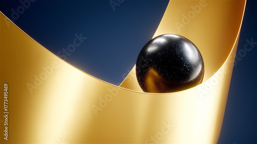 Black sphere resting on folded golden ribbon, elegant abstract composition symbolizing luxury and contrast.