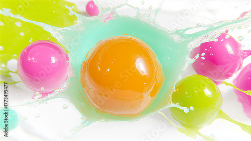 Colorful abstract splashes with bright glossy spheres in liquid, concept of creativity, fun and motion.