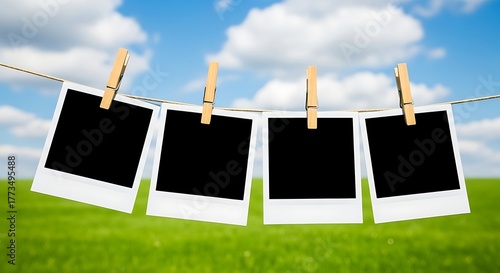 Wallpaper Mural Blank instant photos hanging on a clothesline against blue sky Torontodigital.ca