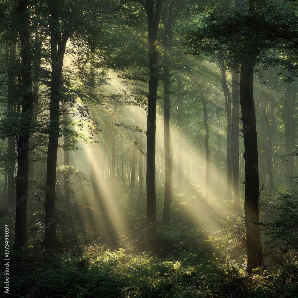 Obraz premium Sunlit Green Forest with Tall Trees and Foggy Rays of Light