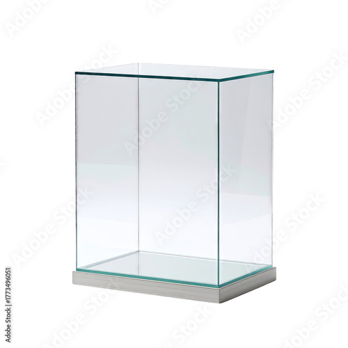 A clear, rectangular glass display case with a silver-colored base