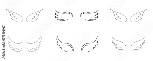 Angel or bird wings set line. Hand drawn doodle wings with feather, sketch silhouette outline. Halo or heart symbol of heaven. Cute stylized design elements. 