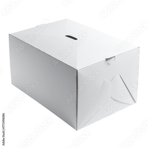A white rectangular box, likely for packaging, with a small handle cutout and side flaps