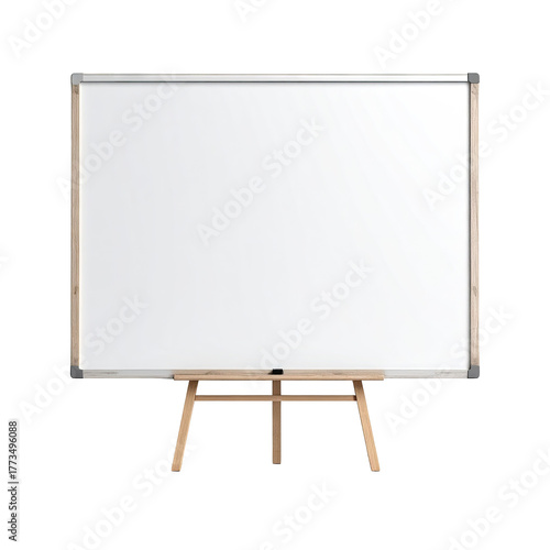 White rectangular board on a wooden easel, isolated against a solid black background