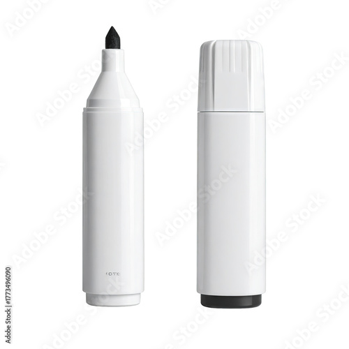 Two white markers, one with cap off and nib visible, on a dark background