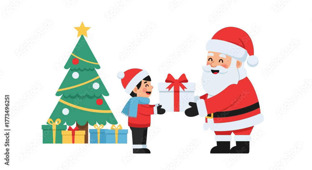 Fototapeta premium Santa Claus giving a gift to a child near a Christmas tree.