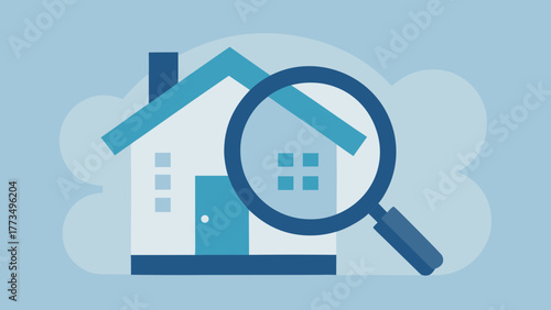 Real estate search concept: Magnifying glass icon focusing on a residential building for property search