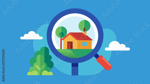 A whimsical cartoon illustration of a house and tree in a sunny nature landscape with clouds and green grass