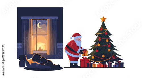 Santa Claus placing presents under a Christmas tree near a window.