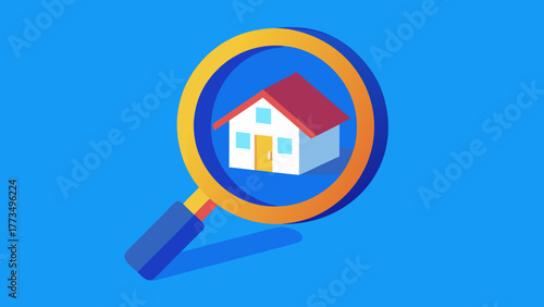 The magnifying glass with a house icon is a design concept for a website search button for real estate and property