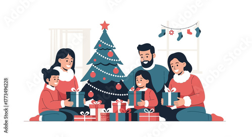 Family exchanging gifts near a Christmas tree in a cozy living room.