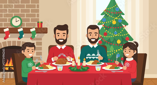 Family enjoying Christmas dinner at home with tree and fireplace.