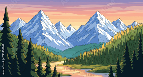 Cartoon landscape featuring snowy mountains, forest, and a river at sunset with colorful sky view