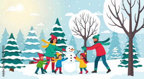 Family building a snowman in a snowy winter landscape with trees.