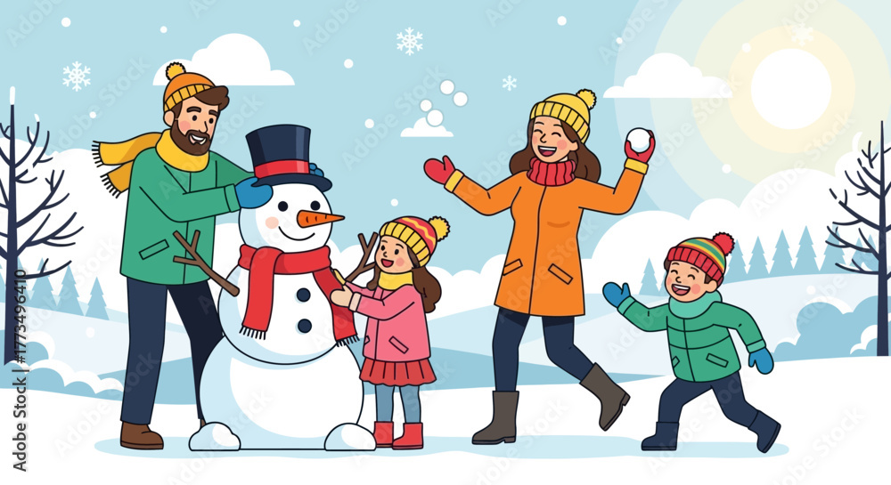 Fototapeta premium Family building a snowman in a snowy winter landscape.