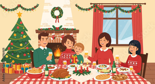 Family celebrating Christmas at home with food and drinks.