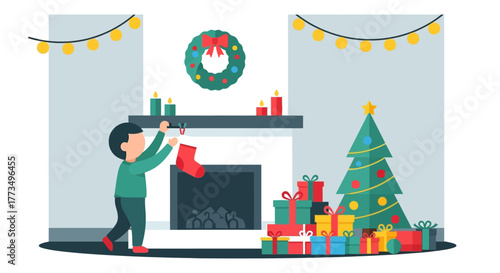 Boy hanging stocking on fireplace at Christmas.