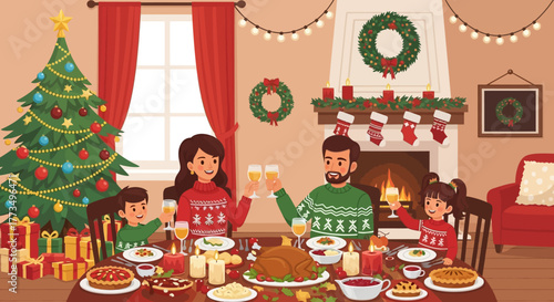 Family celebrating Christmas with a festive dinner and decorations.
