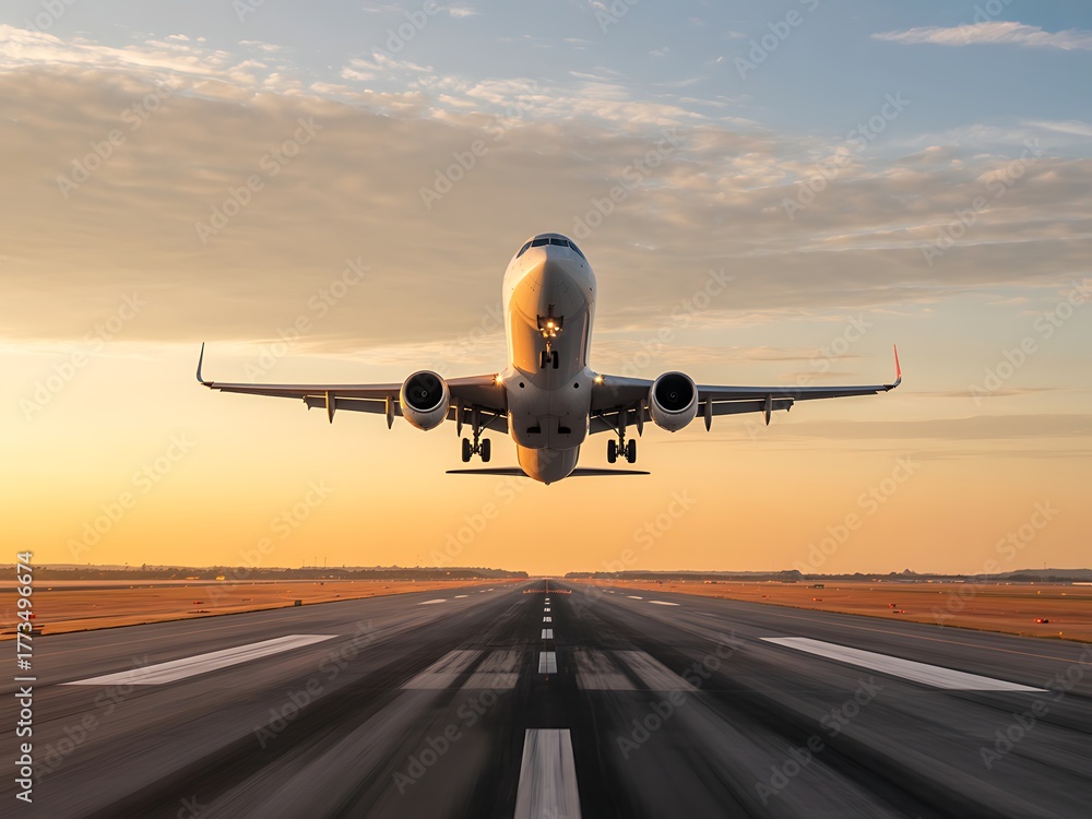 Fototapeta premium Airplane takes off at sunset with orange sky in the background