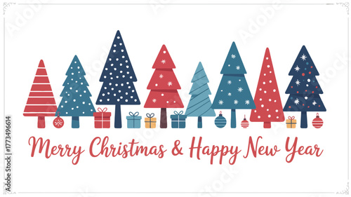 Whimsical christmas trees and gifts with festive greeting