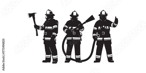firefighter silhouette vector icon design, Black silhouette art of a firefighter in action with fire and axe, Firefighter climbing stairs icon silhouette vector with white background