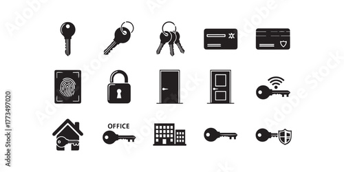 Set of black silhouettes of door keys. Key icon set. Vintage key antique door key isolated on white background. Keys and padlock silhouette. Vector illustration.