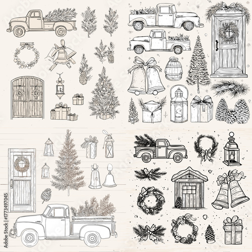 Charming vintage Christmas illustration set with hand-drawn trucks, wreaths, pine trees, and festive gifts. Perfect for holiday cards, packaging, scrapbooking, and seasonal decor projects.