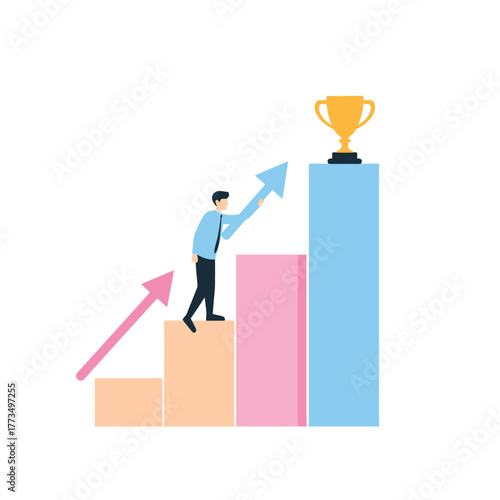 Illustration of a businessman climbing a bar chart to reach a trophy, symbolizing career growth, business success, and achieving goals