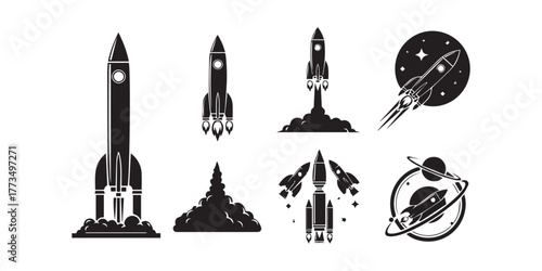 Set of rocket vector icons. Launch spaceship or spacecraft. Rocket fast flying for space. New business start up.