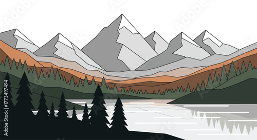A geometric landscape featuring snow capped mountains forest and a reflective body of water design