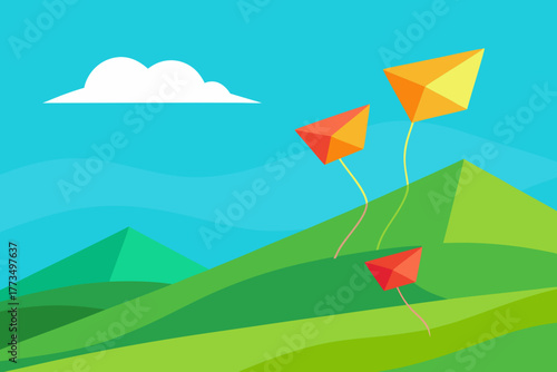 An origami vector illustration of an abstract, colorful mountain landscape with a paper airplane in the sky