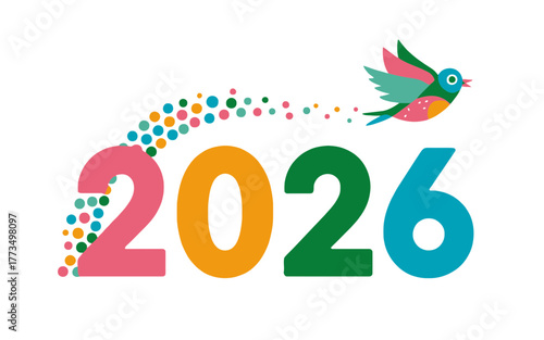 Colorful 2026 with a flying bird and bubbles