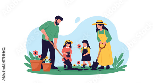 A happy family, including parents and two young daughters, enjoying a sunny day together while actively gardening and planting colorful flowers in their backyard.