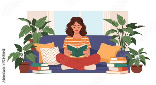 A peaceful scene of a female reader, sitting cross-legged on a blue sofa, enjoying her literary hobby amidst a collection of books and green indoor plants.