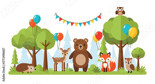 A cheerful illustration depicts a charming forest gathering where cute wild animals like a hedgehog, deer, bear, fox, and owls celebrate amidst trees and festive party decorations.