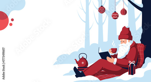 Santa Claus finds comfort and relaxation in a cozy, snow-covered forest, enjoying a hot drink and a good book surrounded by festive decorations.