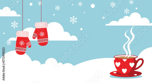 A cozy winter wonderland illustration showcases bright red mittens hanging amidst falling snowflakes, alongside a steaming hot cup adorned with white hearts on a snowy day.