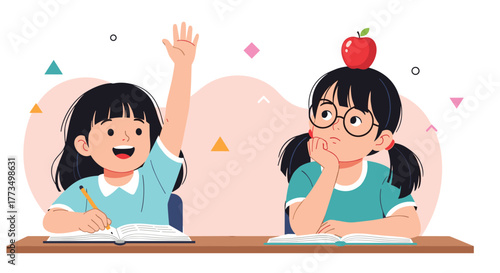An eager student actively participates in class by raising her hand and writing, while her classmate seems bored with an apple on her head.