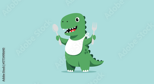 A cheerful, hungry cartoon green dinosaur stands eagerly, wearing a white bib and holding a spoon and fork, ready for mealtime with a happy smile on a light blue background.