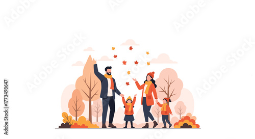 A happy family of four, including parents and two children, joyfully plays with colorful autumn leaves in a park, celebrating the fall season with warmth and togetherness.