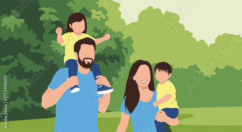 A happy family of four, including a father carrying his daughter on shoulders and a mother holding their son, enjoys a joyful walk in a green park.