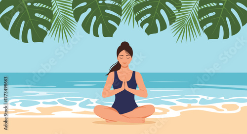 A serene woman in a swimsuit meditates peacefully on a sandy tropical beach by the ocean under lush palm leaves, embodying summer wellness and relaxation.