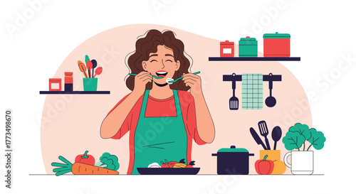 A cheerful young woman in a kitchen apron joyfully tastes her freshly cooked meal, surrounded by vibrant vegetables and kitchen essentials.