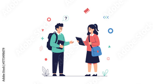 Two smiling students, a boy with a backpack and a girl with a shoulder bag, are engaging in conversation or sharing information, surrounded by educational symbols.