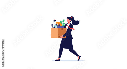 A smiling businesswoman in a dark suit and red tie enthusiastically carries a cardboard box filled with office supplies, symbolizing a new career beginning or a job change.