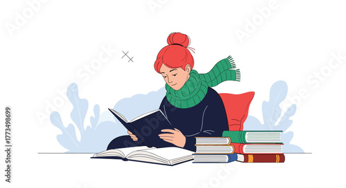 A serene young woman with red hair and a warm green scarf is engrossed in reading a book, surrounded by stacks of colorful literature in a cozy and tranquil indoor environment.