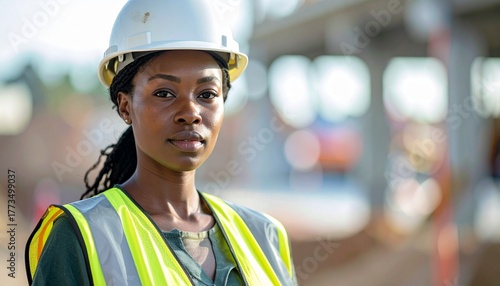 Determined young African American woman construction worker in a white hard hat and high-visibility vest, standing confidently at a building site, looking at the camera