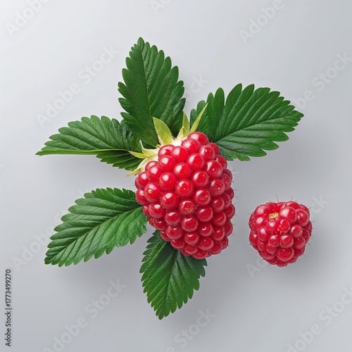 Vibrant Raspberry Duet with Fresh, Textured Green Leaves: This clean, minimalist overhead shot captures one large and one small, bright red raspberry clustered around vivid green, serrated leaves, cas