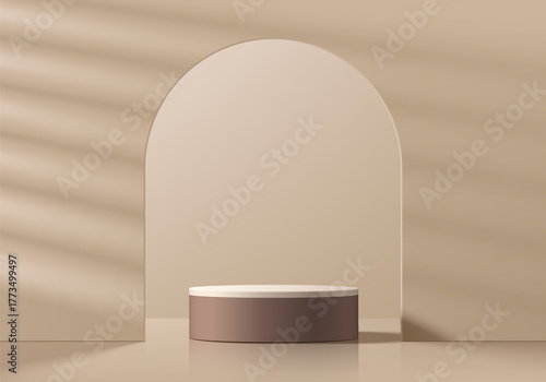 Brown 3d cylindrical podium background with arch gate and window light wall scene. Minimalist mockup pedestal. Abstract stands product display presentation, Stage for showcase. Platforms vector design